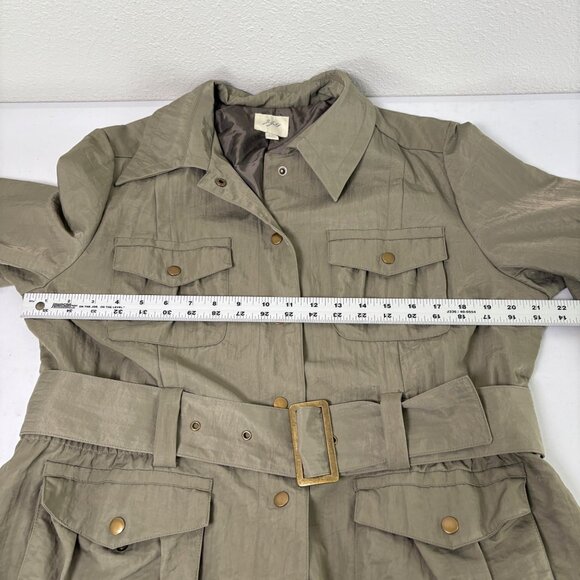 J Jill Cargo Utility Jacket Petite L LP Green Nylon Snap Safari Trench Belt Coat - Picture 10 of 11